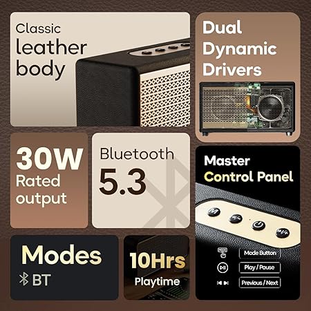Boult Newly Launched Retroamp Z30 with 30W Bluetooth Speaker with Dual Dynamic Drivers, 10Hrs Playtime (Vintage Gold)