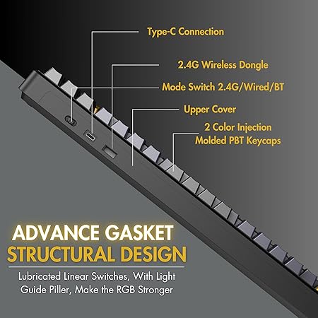 AULA F87 Wireless RGB Mechanical Gaming Keyboard | Tri Mode 2.4GHz/Type-C/BT 75% Gasket TKL Custom Hot Swappable Keyboard (Thunder Black | Graywood Switch)