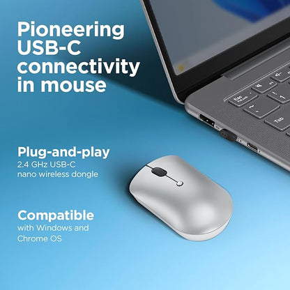Lenovo 540 USB-C Compact Wireless Mouse (2400 DPI Sensor, 2.4GHz Wireless Nano USB, 4-Button (left click, right click, scroll click, DPI)|Ambidextrous Design| 3 Year Warranty | Cloud Grey)