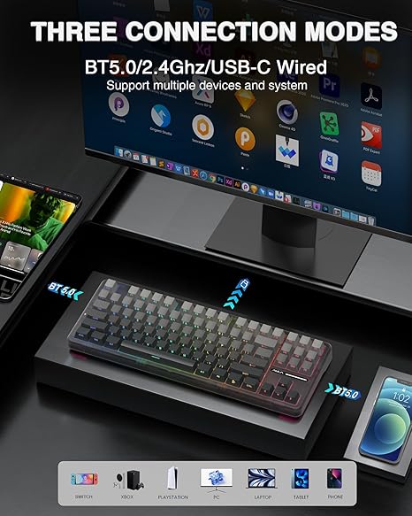 AULA F87 Wireless Side Engraved Keycaps Mechanical Keyboard | Tri-Mode BT5.0/2.4GHz/USB-C Gasket Hot Swappable | Pre-lubed Switches, 75% TKL RGB Gaming Keyboard (Gradient Gray, Space Crystal Switch)