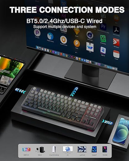 AULA F87 Wireless Side Engraved Keycaps Mechanical Keyboard | Tri-Mode BT5.0/2.4GHz/USB-C Gasket Hot Swappable | Pre-lubed Switches, 75% TKL RGB Gaming Keyboard (Gradient Gray, Space Crystal Switch)