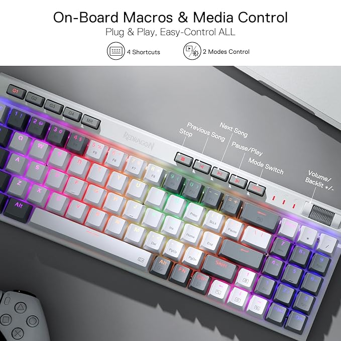 Redragon K617 Fizz 60% Wired RGB Gaming Keyboard, 61 Keys Compact Mechanical Keyboard w/White and Grey Color Keycaps, Linear Red Switch, Pro Driver/Software Supported