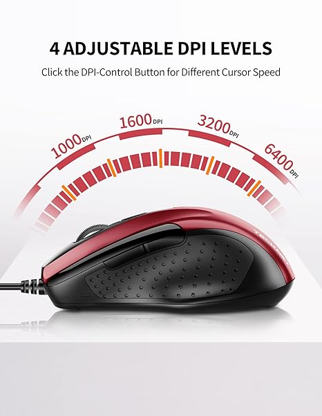 TECKNET USB Wired 6-Button Mouse With 4 Adjustable DPI, Optical Computer With Ergonomic Design and 5FT Cord for Laptop, Chromebook, PC, Desktop, Mac, Notebook - Red
