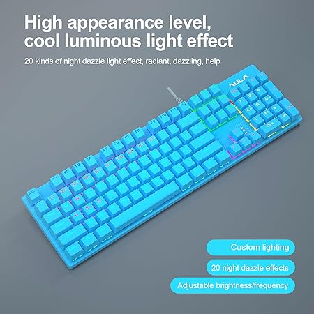 AULA S2022 Mechanical Wired Gaming Keyboard | Rainbow LED Backlit with Num Lock for Windows PC | 4 Kind of Rainbow Backlight Gaming Keyboard (Blue)