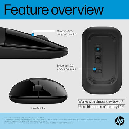 HP Z3700 Dual Black Mouse, Bluetooth 5.0, USB-A dongle, 2.4 GHz Wireless Connection, Multi-Surface Tracking, Silent clicks, Up to 1600 dpi, 16-Month Battery Life, 3-Year Warranty, 50g, Black