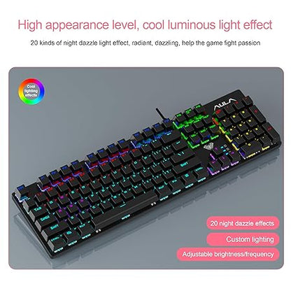 AULA S2022 Mechanical Wired Gaming Keyboard | Rainbow LED Backlit with Num Lock for Windows PC | 4 Kind of Rainbow Backlight Gaming Keyboard (Black)