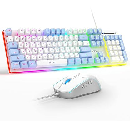 MageGee Gaming Keyboard and Mouse Combo, True RGB Backlit Membrane Office Keyboard Mouse, 104 Keys Anti-Ghosting Metal Panel Quiet Wired Keyboard for Windows Laptop PC Gamer- White/Blue