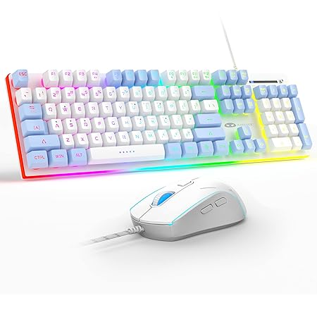 MageGee Gaming Keyboard and Mouse Combo, True RGB Backlit Membrane Office Keyboard Mouse, 104 Keys Anti-Ghosting Metal Panel Quiet Wired Keyboard for Windows Laptop PC Gamer- White/Blue