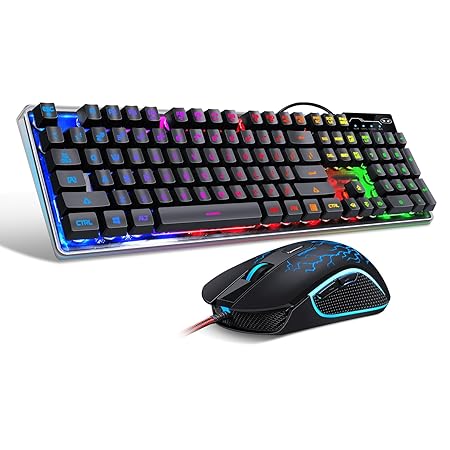 Gaming Keyboard and Mouse Combo, K1 LED Rainbow Backlit Keyboard with 104 Key Computer PC Gaming Keyboard for PC/Laptop