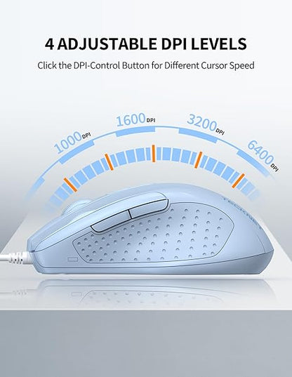 TECKNET Wired Mouse, 6-Button Corded with 4 Adjustable DPI, Optical Mouse with Ergonomic Design and 5FT Cord for Laptop, Chromebook, PC, Desktop, Mac, Notebook - LT.Blue
