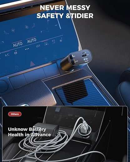 Sevenaire Retractable Car Charger, 69W Super Fast Car Charger with Cables, Type C & USB-A Ports, USB-C & Lightening Retractable Cables (80cm)