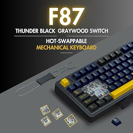 AULA F87 Wireless RGB Mechanical Gaming Keyboard | Tri Mode 2.4GHz/Type-C/BT 75% Gasket TKL Custom Hot Swappable Keyboard (Thunder Black | Graywood Switch)