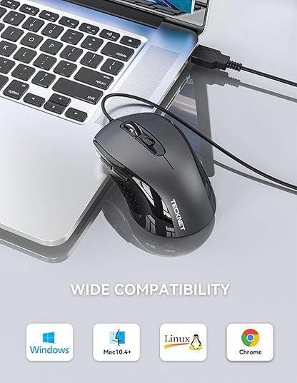 TECKNET Wired Mouse, USB Wired Computer Mouse, 3600DPI 4 Adjustable Levels, 6-Button Ergonomic Mice, Home and Office Mouse for Laptop PC Desktop Notebook - Grey