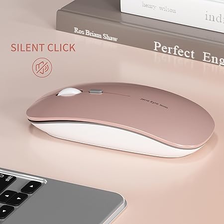 Picktech Q5 Slim Rechargeable Wireless Mouse, 2.4G Portable Optical Silent Ultra Thin Wireless Computer Mouse with USB Receiver and Type C Adapter, Compatible with PC, Laptop, Desktop (Rose Gold)