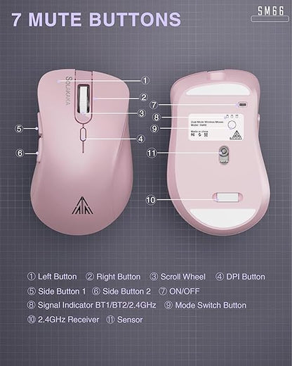 SOLAKAKA SM66 Pink Silent Dual Mode 2.4GHz Wireless Mouse, Adjustable 4200 DPI,Rechargeable Wireless Computer Mouse for PC Mac Laptop, Desktop
