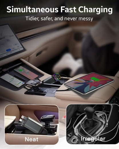 Sevenaire Retractable Car Charger, 69W Super Fast Car Charger with Cables, Type C & USB-A Ports, USB-C & Lightening Retractable Cables (80cm)