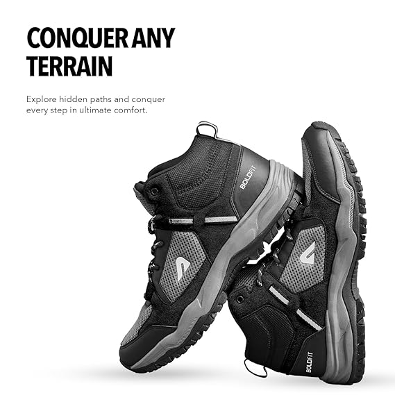 Boldfit Trekking Shoes for Men - High Neck Anti-Skid Hiking Boots, Water Repellent Outdoor Tracking Shoes - BlackGrey 08