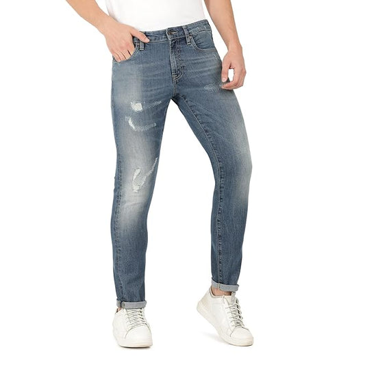 Everblue Men Solid Stretchable Blue Tapered Slim Fit Heavy Fade Midrise Jeans