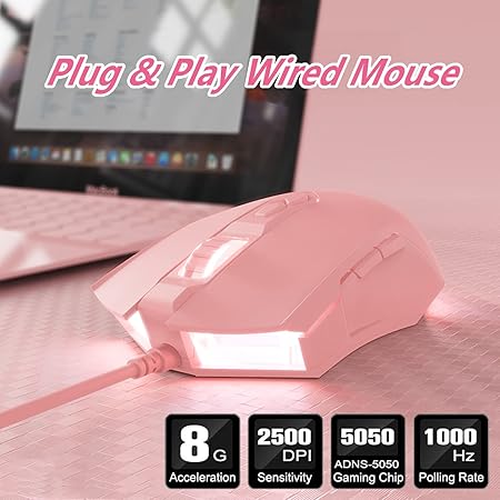 Lomiluskr AJ52 Gaming Mouse Wired, 7 Programmable Buttons, Computer Mice with RGB LED Backlit, 200-4800 DPI Adjustable,for Windows/Mac OS/Linux (Pink)