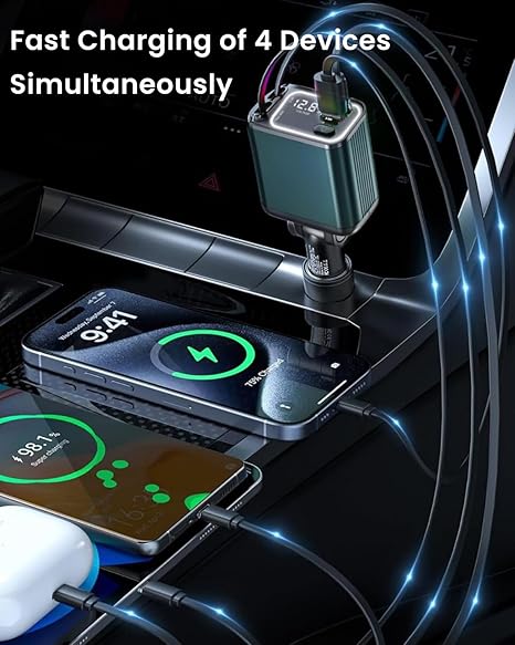 Sevenaire Retractable Car Charger, 69W Super Fast Car Charger with Cables, Type C & USB-A Ports, USB-C & Lightening Retractable Cables (80cm)