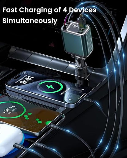 Sevenaire Retractable Car Charger, 69W Super Fast Car Charger with Cables, Type C & USB-A Ports, USB-C & Lightening Retractable Cables (80cm)