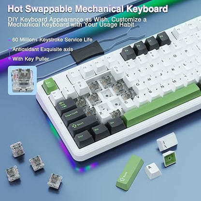 AULA F87 Wireless Mechanical Keyboard | 75% TKL Gasket Custom Hot Swappable, 2.4Ghz/Type-C/Bluetooth Gaming Keyboard | Pre-lubed Switch RGB Backlit Keyboard (Green+White, Gray Wood Switch)