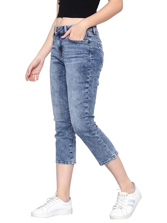 HAPPENING Plus Size Women -Curvy Slim Fit Stretch Denim Capri/Cropped Jeans- MID Rise -Above Ankle-Mid Blue - Waist Size 30(M) / 48(8XL) inch