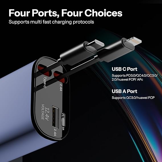 AILKIN 120W 4 in 1 Retractable Car Charger, Super Fast Charge Car Phone Charger, Retractable Cables & 2 USB Ports Car Adapter (Grey)