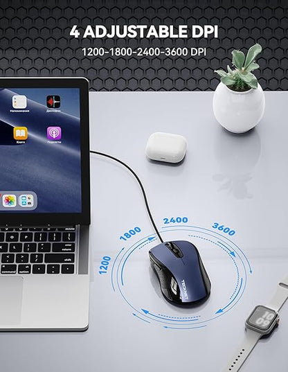 TECKNET USB Wired Mouse, 3600DPI Corded Computer Mouse with 4 Adjustable Levels, 6-Button 5FT Cord Ergonomic Mice, Home and Office Mouse for Laptop PC Desktop Notebook - Blue