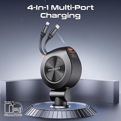 Promate Multi-Port Car Charger with Retractable PD30W USB-C and PD20W Lightning Cables, 20W USB-C, 18W Quick Charge Ports