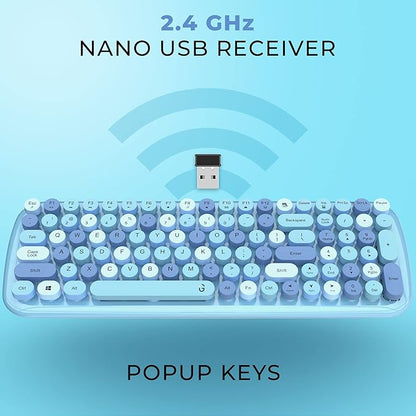 iGear KeyBee Retro Typewriter Inspired 2.4GHz Wireless Keyboard with Mouse Combo for Desktop/Laptop and Devices with USB Support, Single Nano Receiver, Round Keycaps, Cleaning Brush (White) (Blue)