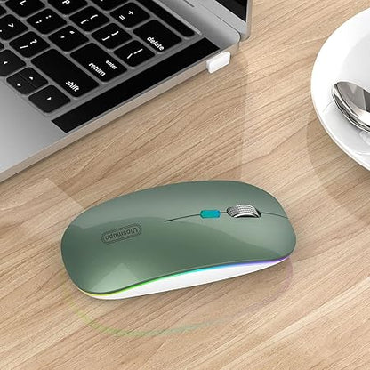 Uiosmuph LED Wireless Mouse G12 Slim Rechargeable Silent Mouse, 2.4G Portable USB Optical Computer Mice With USB Receiver and Type C Adapter (Blacklish Green)