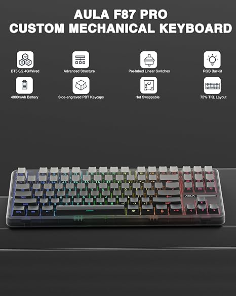 AULA F87 Wireless Side Engraved Keycaps Mechanical Keyboard | Tri-Mode BT5.0/2.4GHz/USB-C Gasket Hot Swappable | Pre-lubed Switches, 75% TKL RGB Gaming Keyboard (Gradient Gray, Space Crystal Switch)