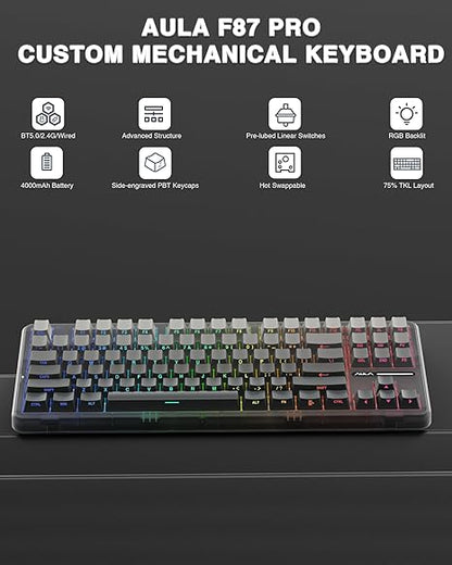 AULA F87 Wireless Side Engraved Keycaps Mechanical Keyboard | Tri-Mode BT5.0/2.4GHz/USB-C Gasket Hot Swappable | Pre-lubed Switches, 75% TKL RGB Gaming Keyboard (Gradient Gray, Space Crystal Switch)