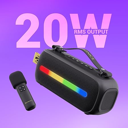 ZEBRONICS Sound Feast 80, Portable Bluetooth Speaker, 20 Watts, Upto 14h Backup, Bluetooth | USB, Included Wireless Microphone, Detachable Carry Strap