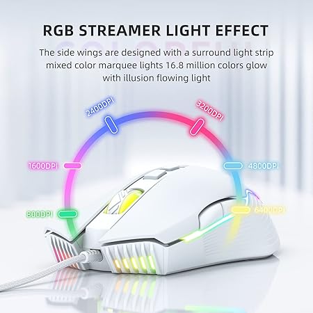 PHNIXGAM Wired Gaming Mouse, Ergonomic RGB Computer Mouse with RGB Backlight, Adjustable DPI UP to 6400, 7 Programmable Buttons for Windows Vista Linux (White)