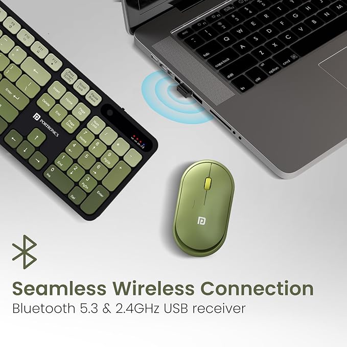 Portronics Key11 Combo Rechargeable Wireless Keyboard and Mouse Set, Bluetooth 5.3&2.4GHz Wireless,Type-C Fast Charging,Gradient Keys, Noiseless Typing, High Precision Mouse, for PC&Laptop(Green)