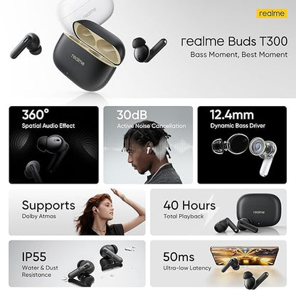 realme Buds T300 Truly Wireless in Ear Earbuds with 30dB ANC, 360° Spatial Audio Effect, Upto 40Hrs Battery (2 Color options)