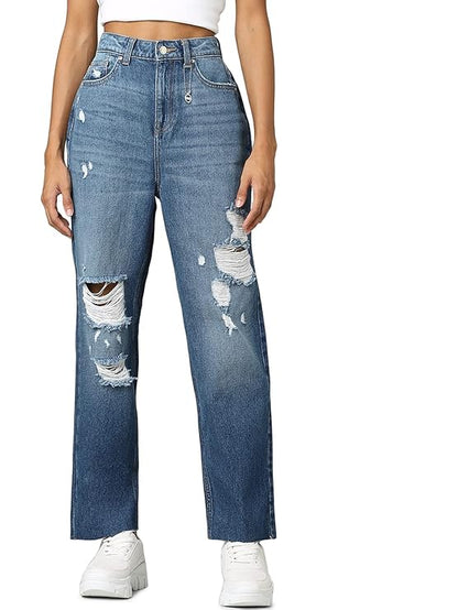 ONLY Women Mom Fit High-Rise Low Distress Light Fade Pure Cotton Jeans