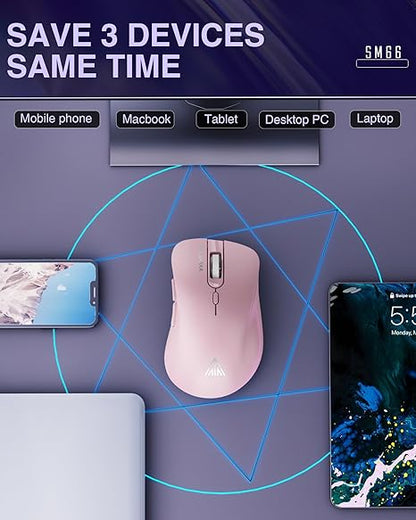 SOLAKAKA SM66 Pink Silent Dual Mode 2.4GHz Wireless Mouse, Adjustable 4200 DPI,Rechargeable Wireless Computer Mouse for PC Mac Laptop, Desktop