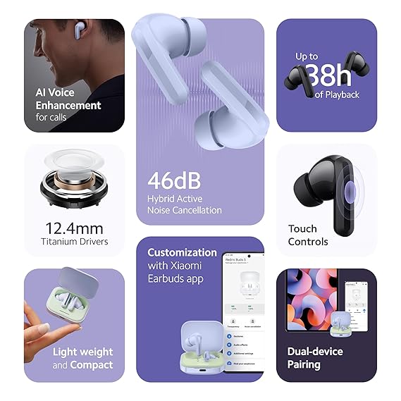 Redmi Buds 5 Bluetooth TWS Earbuds, Up to 46dB Hybrid Noise Cancellation, Up to 38Hrs Playback (3 color options)
