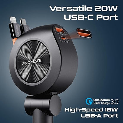 Promate Multi-Port Car Charger with Retractable PD30W USB-C and PD20W Lightning Cables, 20W USB-C, 18W Quick Charge Ports