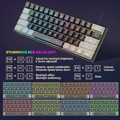 MageGee Mini 60% Gaming Keyboard, Rgb Backlit 61 Key Ultra-Compact Keyboard, Ts91 Ergonomic Waterproof Mechanical Feeling Office Computer Keyboard For Pc, Mac, Ps4, Xbox One Gamer, Wired (Grey Black)