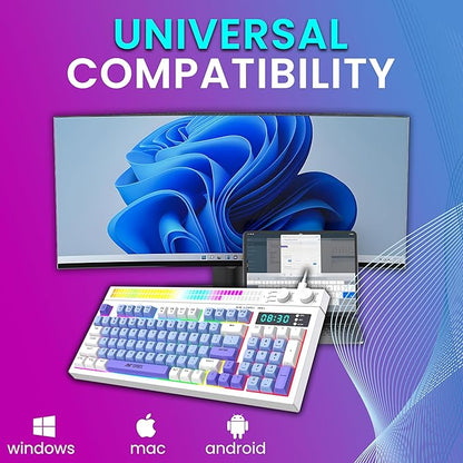 Ant Esports MK1900 RGB Wired Gaming Keyboard with Volume Knob & Alarm Clock, 93 Keys + 6 Macro Keys, Mechanical Feel Membrane, DIY Backlit Effects, Compatible Windows/Mac/Linux – White/Purple/Blue