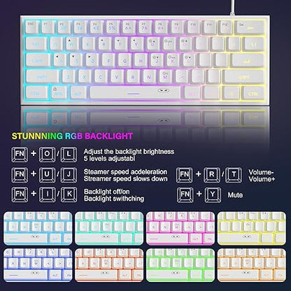 MageGee Mini 60% Gaming Keyboard,Upgrade Rgb Backlit 61 Key Ultra-Compact Keyboard,Ts91 Ergonomic Waterproof Mechanical Feeling Office Computer Keyboard For Pc,Mac,Ps4,Xbox One Gamer(White),wired
