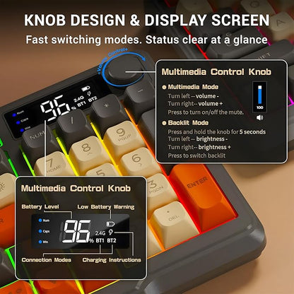 Ant Esports MK801 V2 Pro Wireless Mechanical Membrane Backlit Gaming Keyboard 94 Keys 2.4G/Bluetooth Mode Compact Numeric Pad RGB Keyboard for Home Internet Cafe Game Room Office_ Grey, Beige, Orange