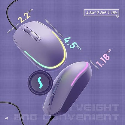 Seenda Wired Mouse - USB Computer Mouse with RGB Backlit Optical LED, Attached USB Cord for Laptops, Notebooks, Chromebook - Purple