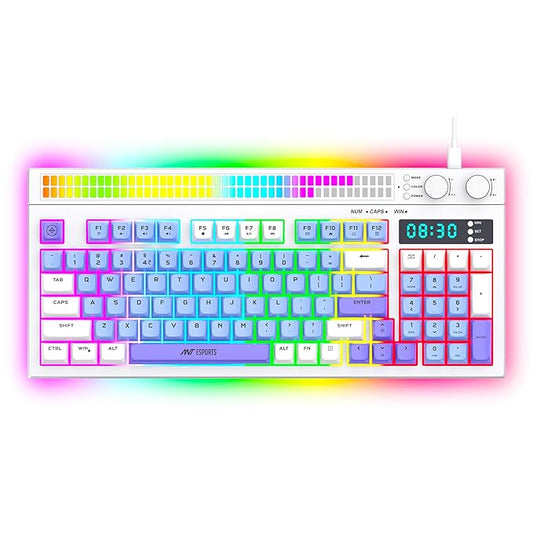 Ant Esports MK1900 RGB Wired Gaming Keyboard with Volume Knob & Alarm Clock, 93 Keys + 6 Macro Keys, Mechanical Feel Membrane, DIY Backlit Effects, Compatible Windows/Mac/Linux – White/Purple/Blue