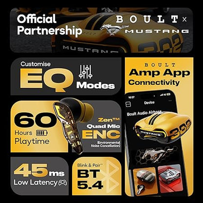 Mustang Torq Wireless in Ear Earbuds with 50H Playtime, App Support, Quad Mic ENC, 45ms Low Latency (3 color options)