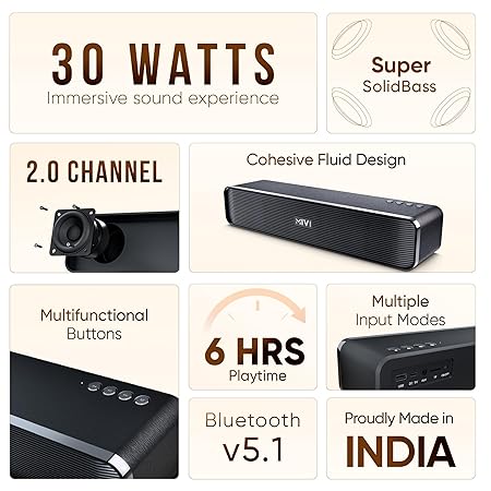 Mivi Fort H30 Portable Bluetooth Speakers Soundbar – [Newly launched] 30W Bluetooth Soundbar, 6 Hours Playtime (Black)
